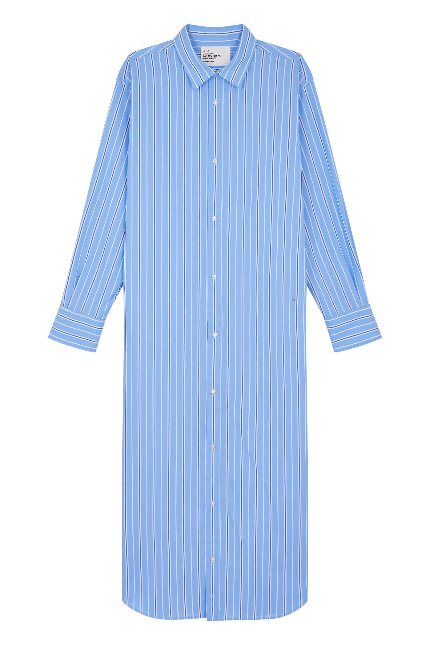 Blue striped long sleeve shirt dress on a white background