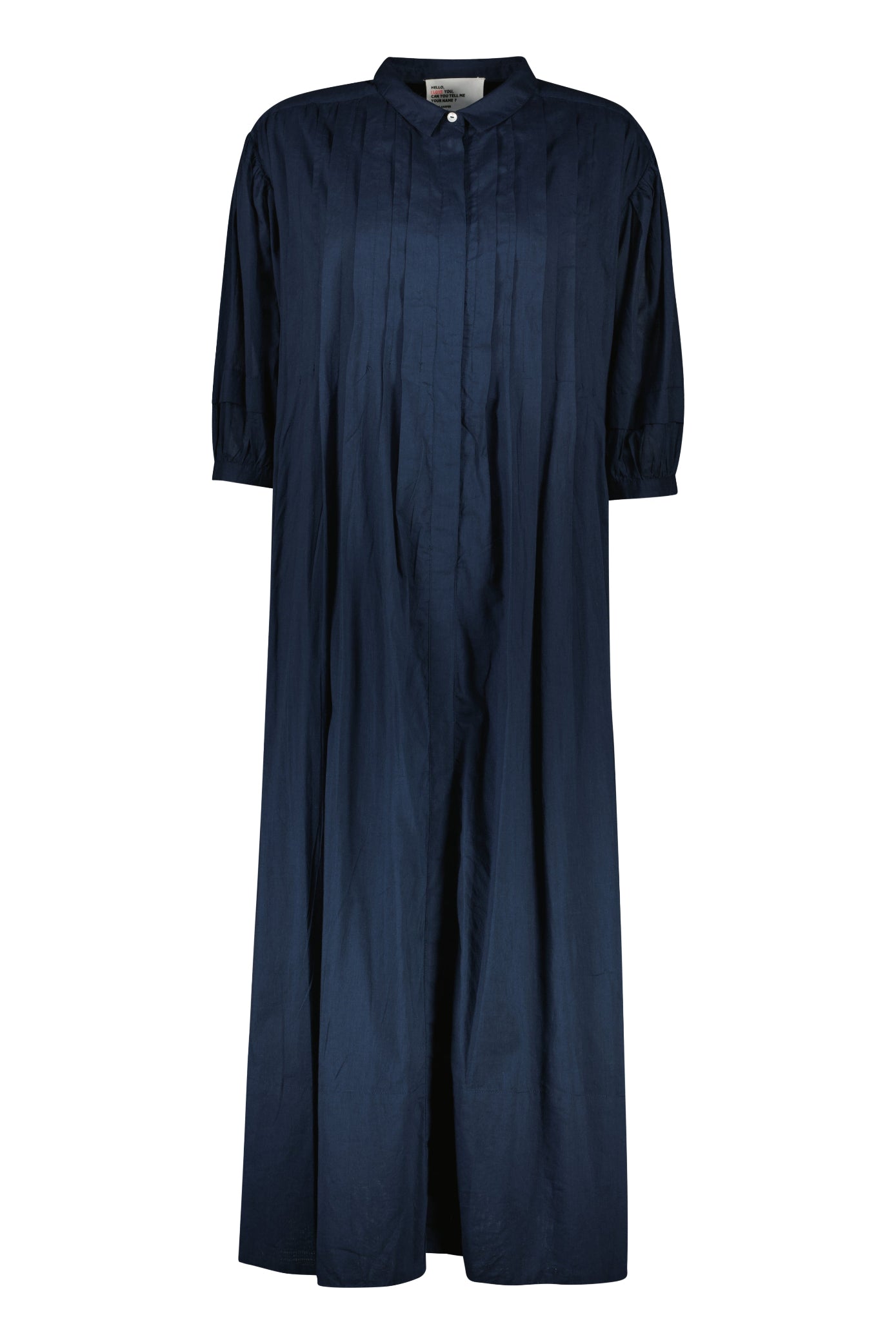 Navy blue dress with puff sleeves on a white background