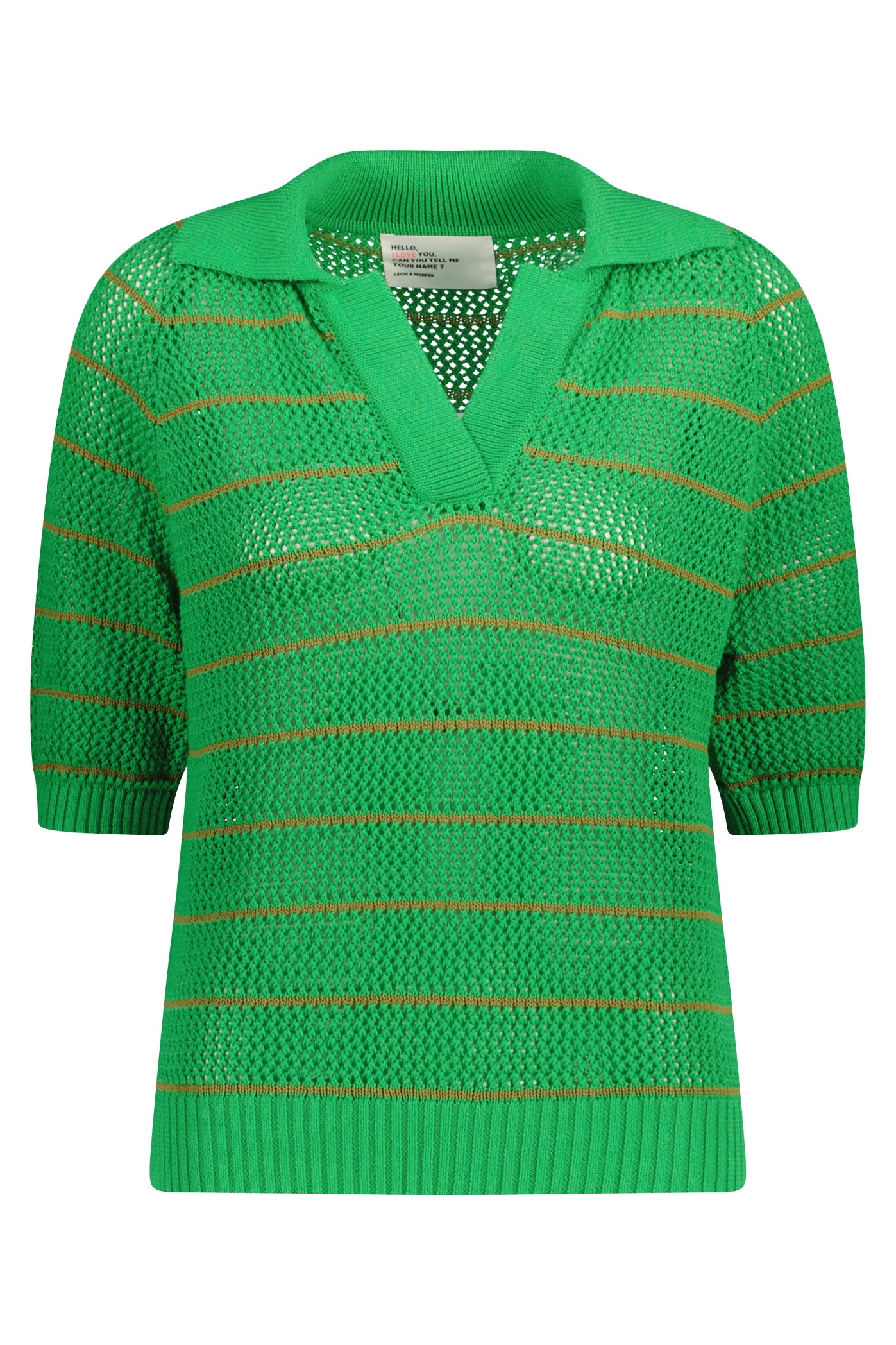 Green knitted sweater with a collar on a white background