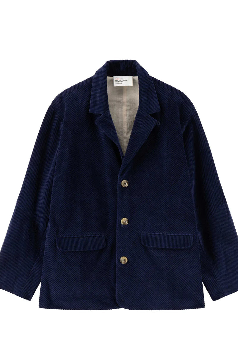 Navy blue jacket with gold buttons on a white background