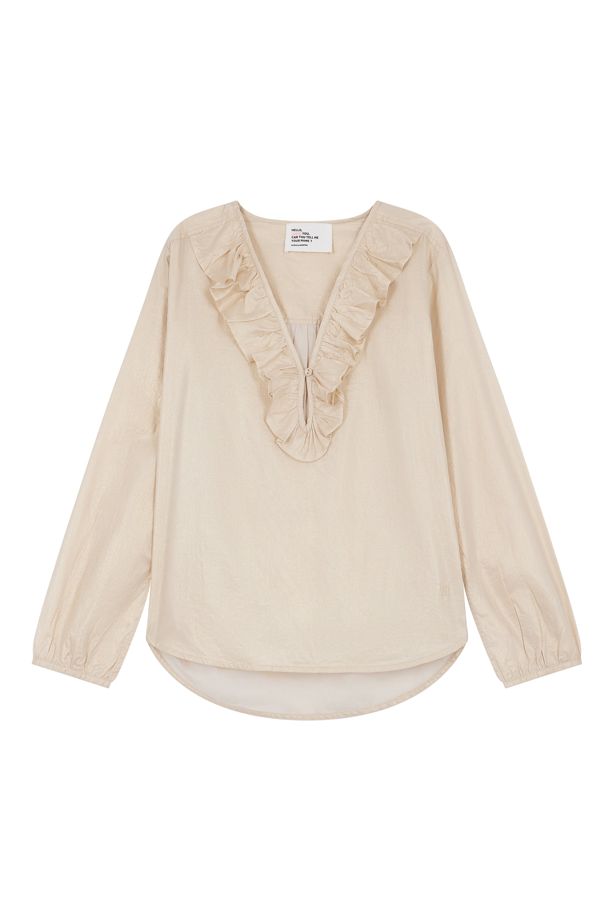 Beige blouse with ruffled neckline on a white background