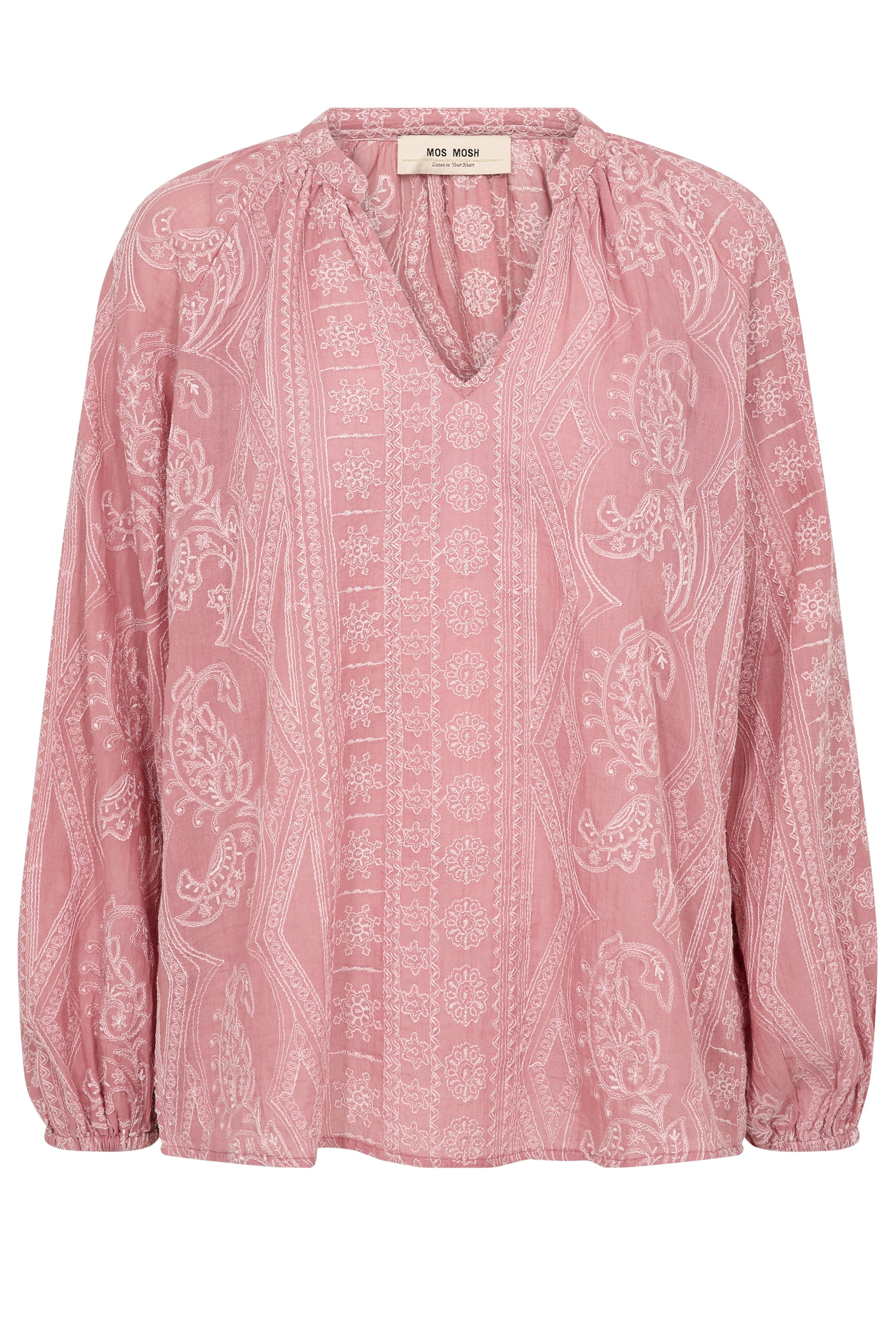 A pink long-sleeve blouse with a white paisley and geometric pattern, featuring a split V-neckline and gathered cuffs, shown against a plain white background.