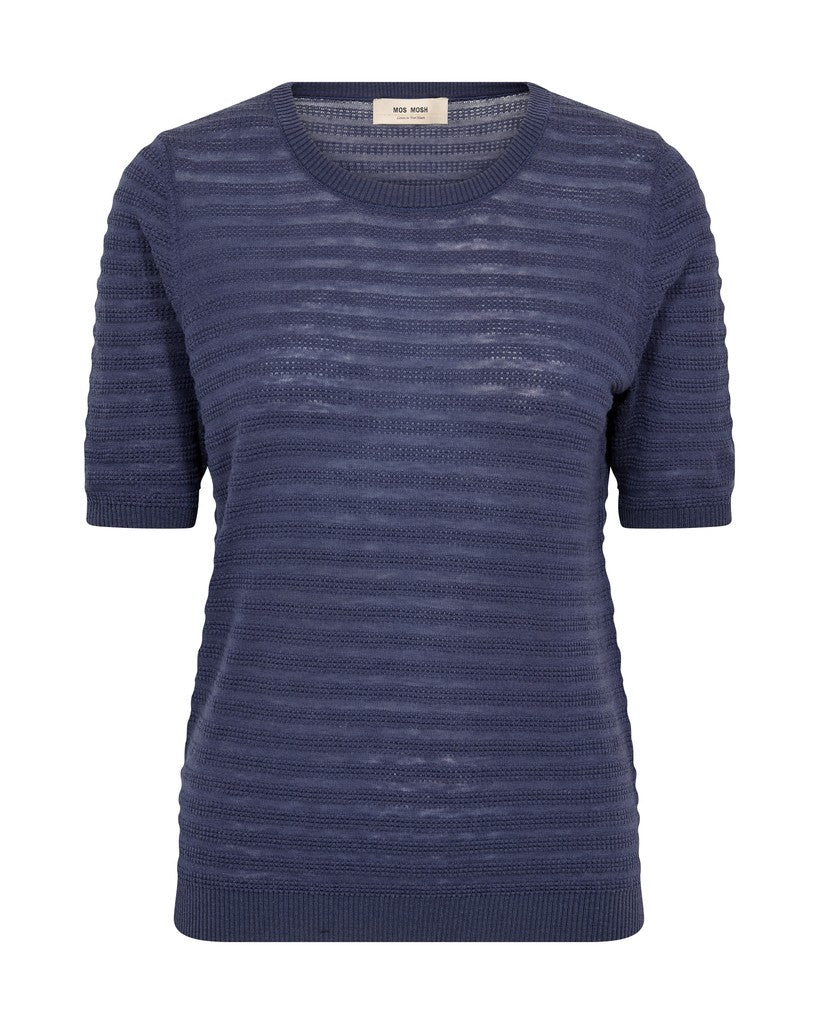 Blue short sleeve textured sweater with round neck on a white background