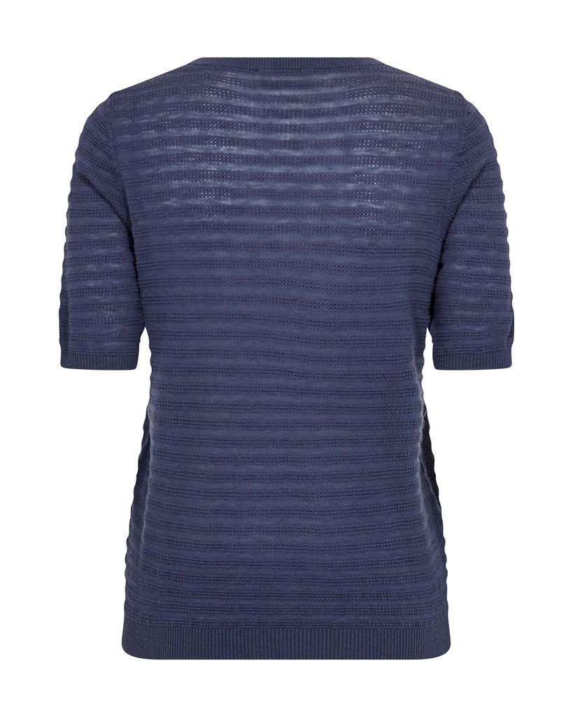 Blue short sleeve textured sweater with round neck on a white background