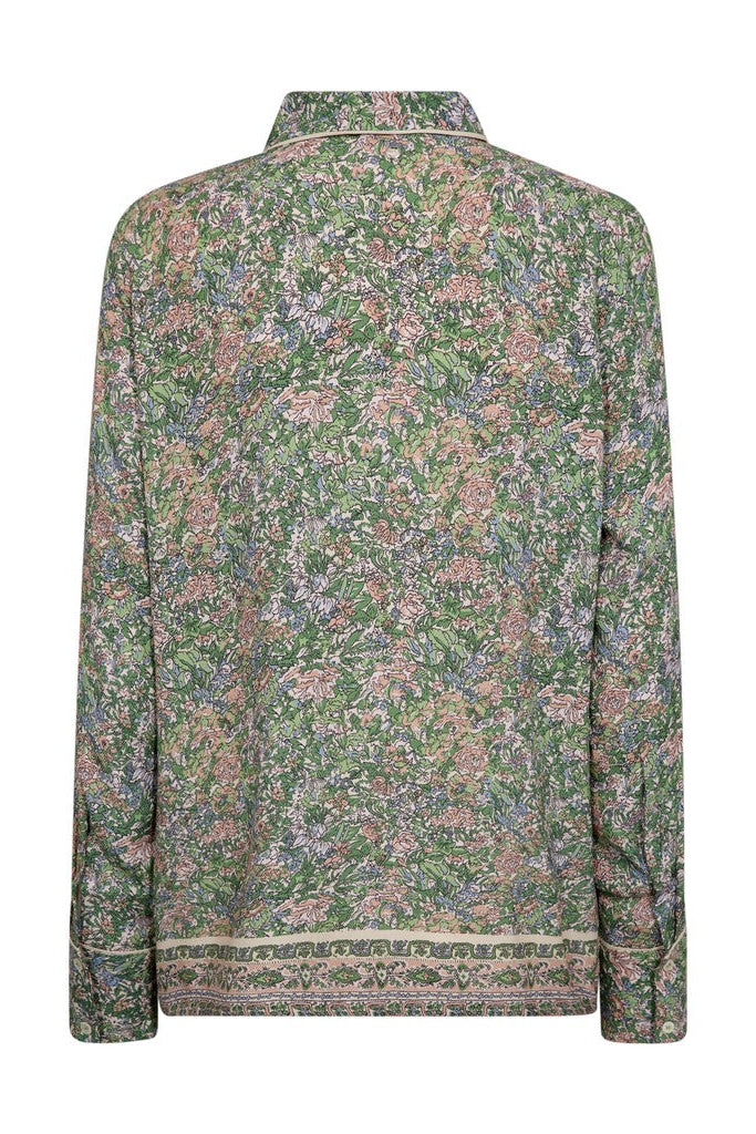 Floral patterned shirt in pink and green tones shown from the back on a white background