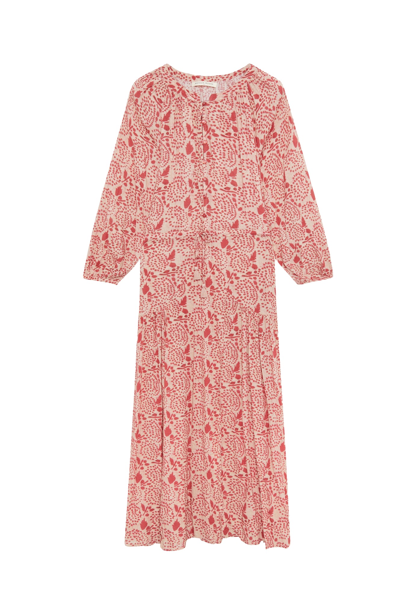 Pink and white patterned floral maxi dress on white background. 