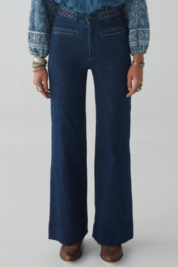 Long denim pants with braided waist detail 