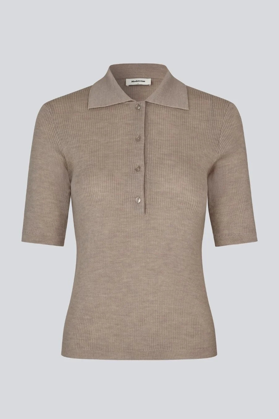 Soft brown ribbed short sleeve wool polo shirt on a light grey background