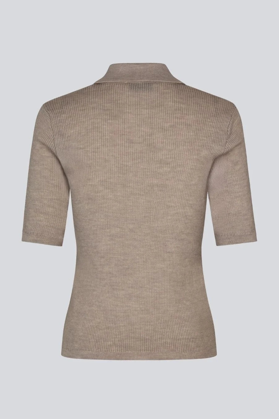 A beige short-sleeve knit top with a mock neck collar, shown from the back on a light grey background.