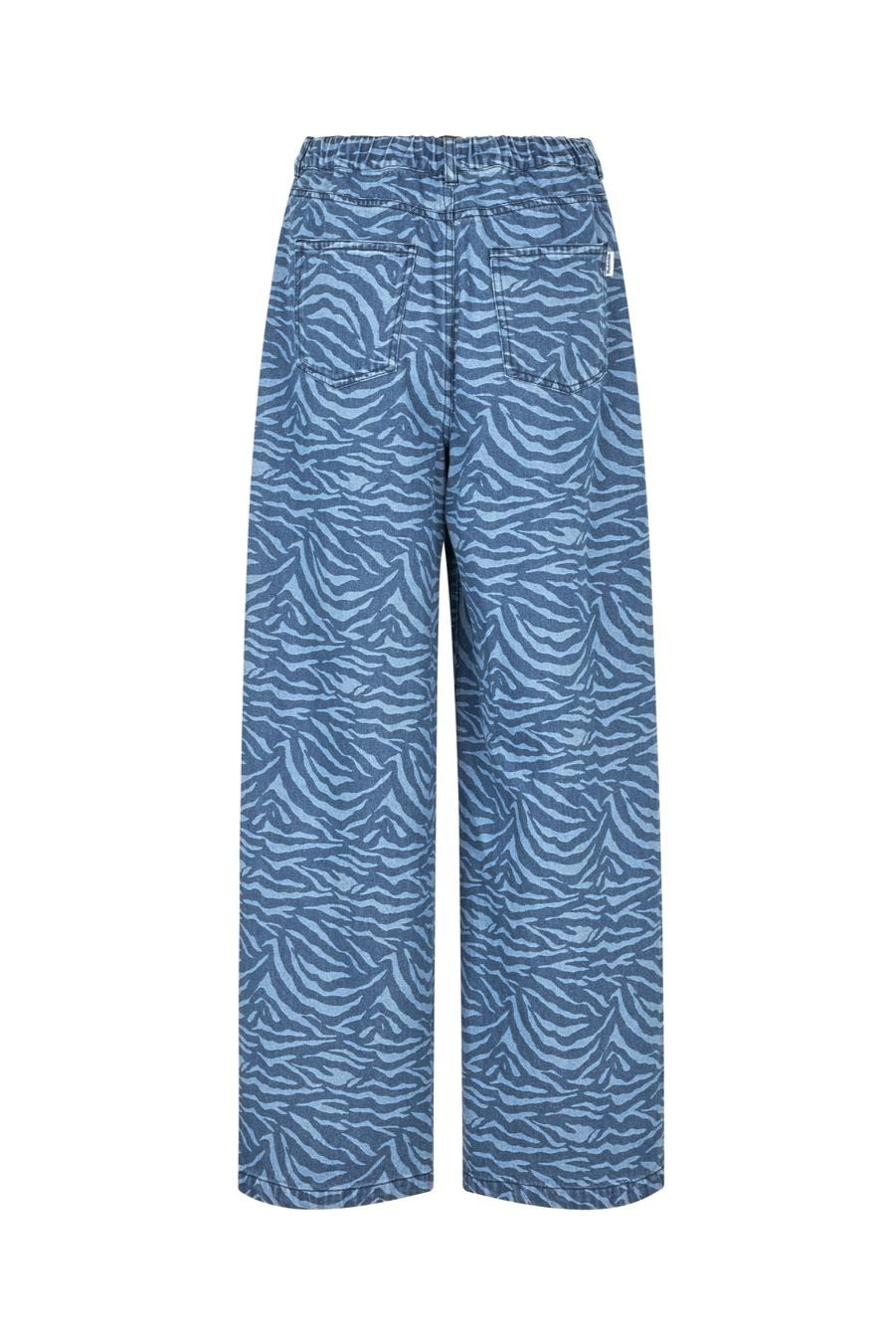 Blue zebra patterned wide leg  pants on a white background