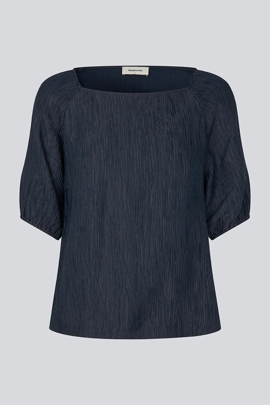 Dark Navy blouse with short sleeves and open neck on a light gray background