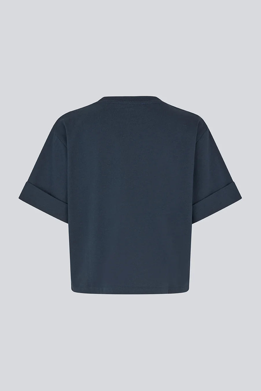 A dark navy blue short-sleeve crop top with rolled cuffs, shown from the back on a light gray background.