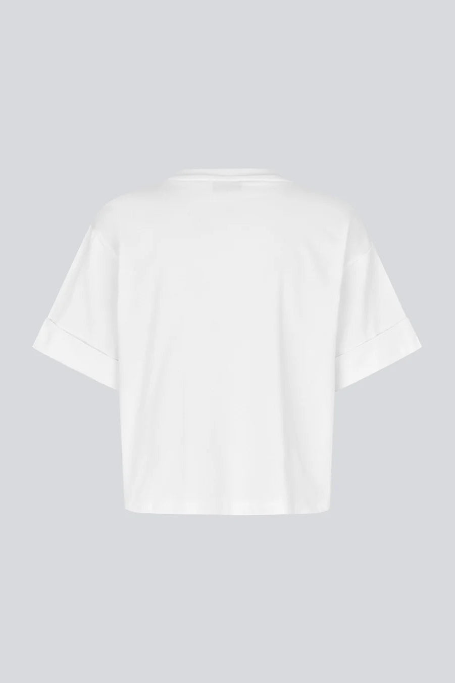 A white short-sleeve cropped T-shirt shown from the back, photographed flat against a light gray background.