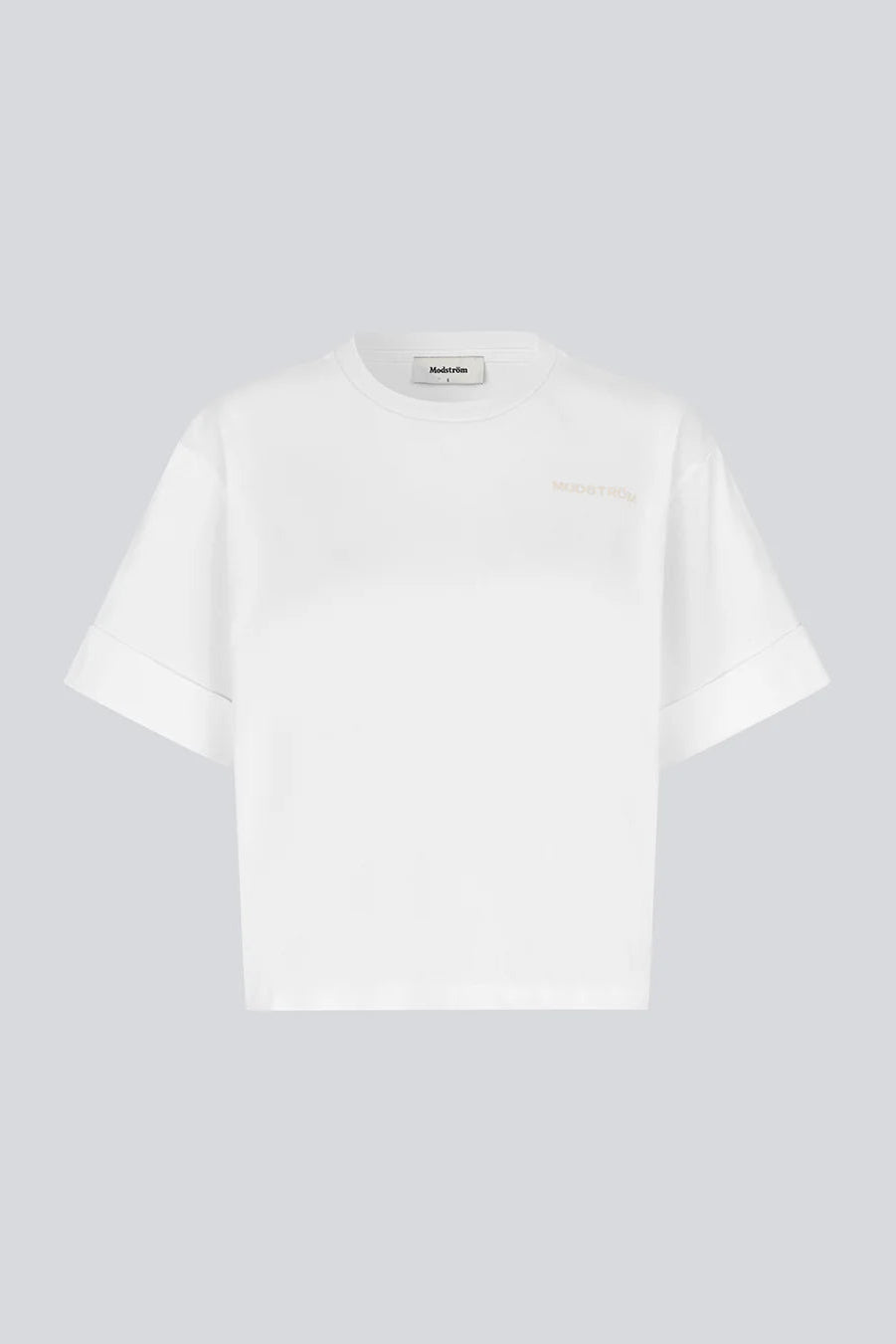 A white short-sleeve crewneck t-shirt with a small tonal embroidered logo on the left chest, displayed on a solid light gray background.