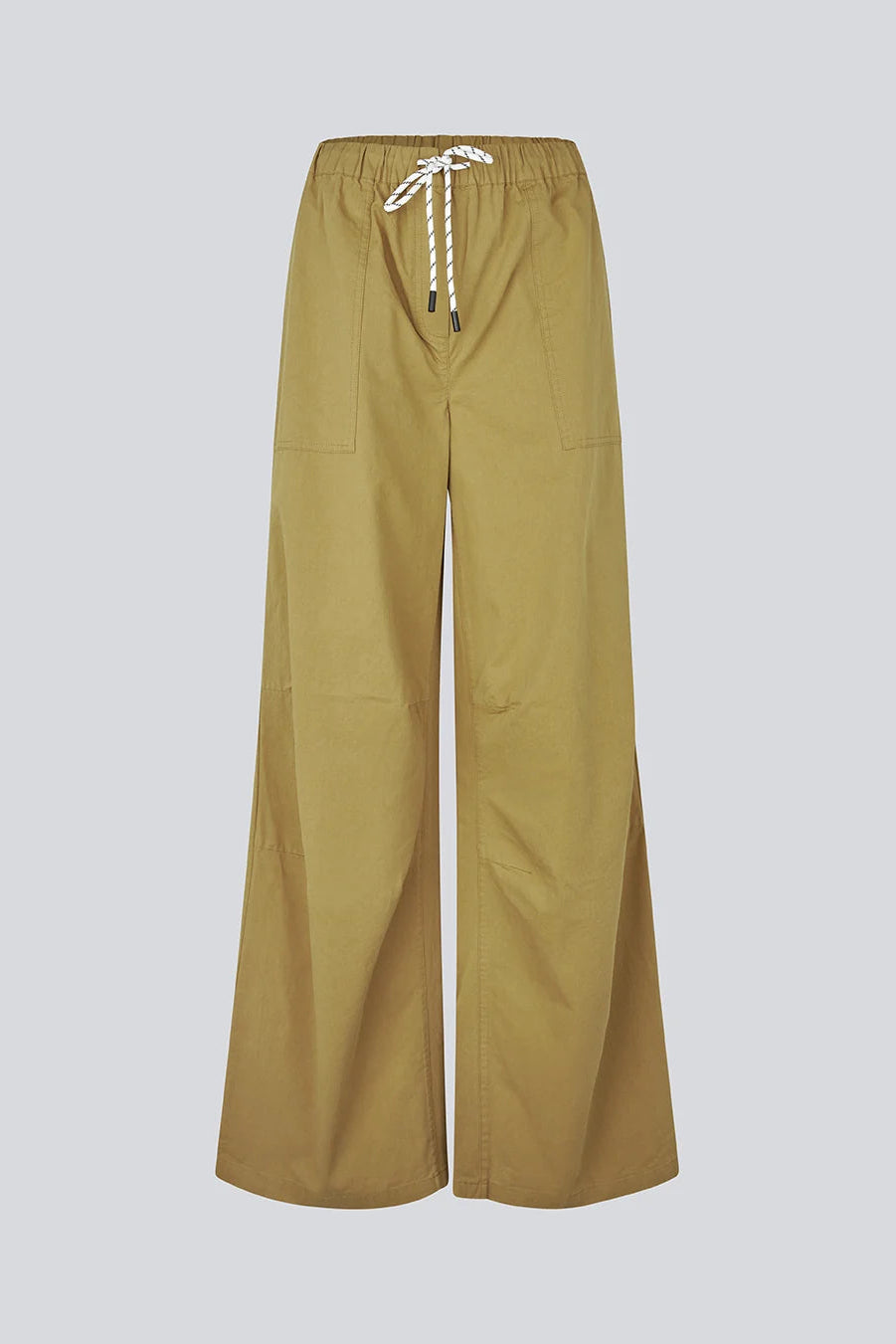 Khaki pants with a drawstring on a light gray background