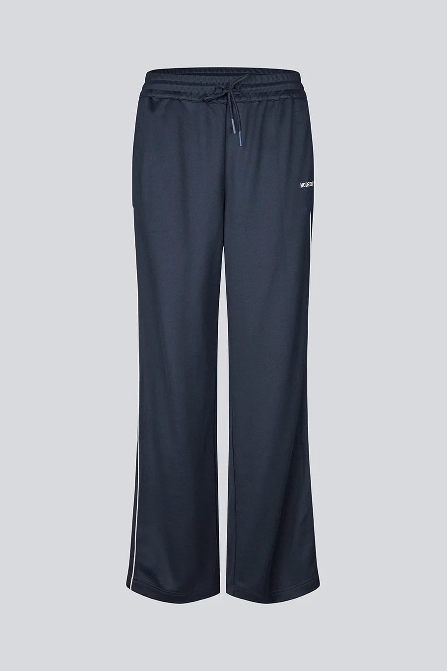 A pair of dark navy wide-leg track pants with a drawstring waist and white side stripes, shown against a solid light gray background.