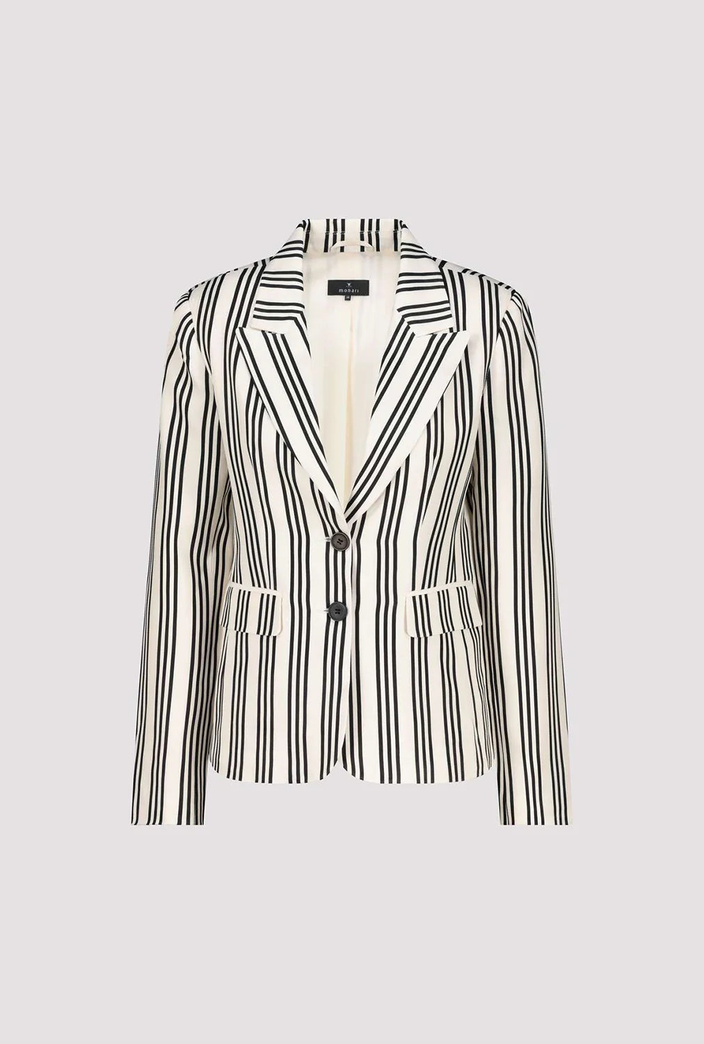 black and white striped womans blazer with black buttons 