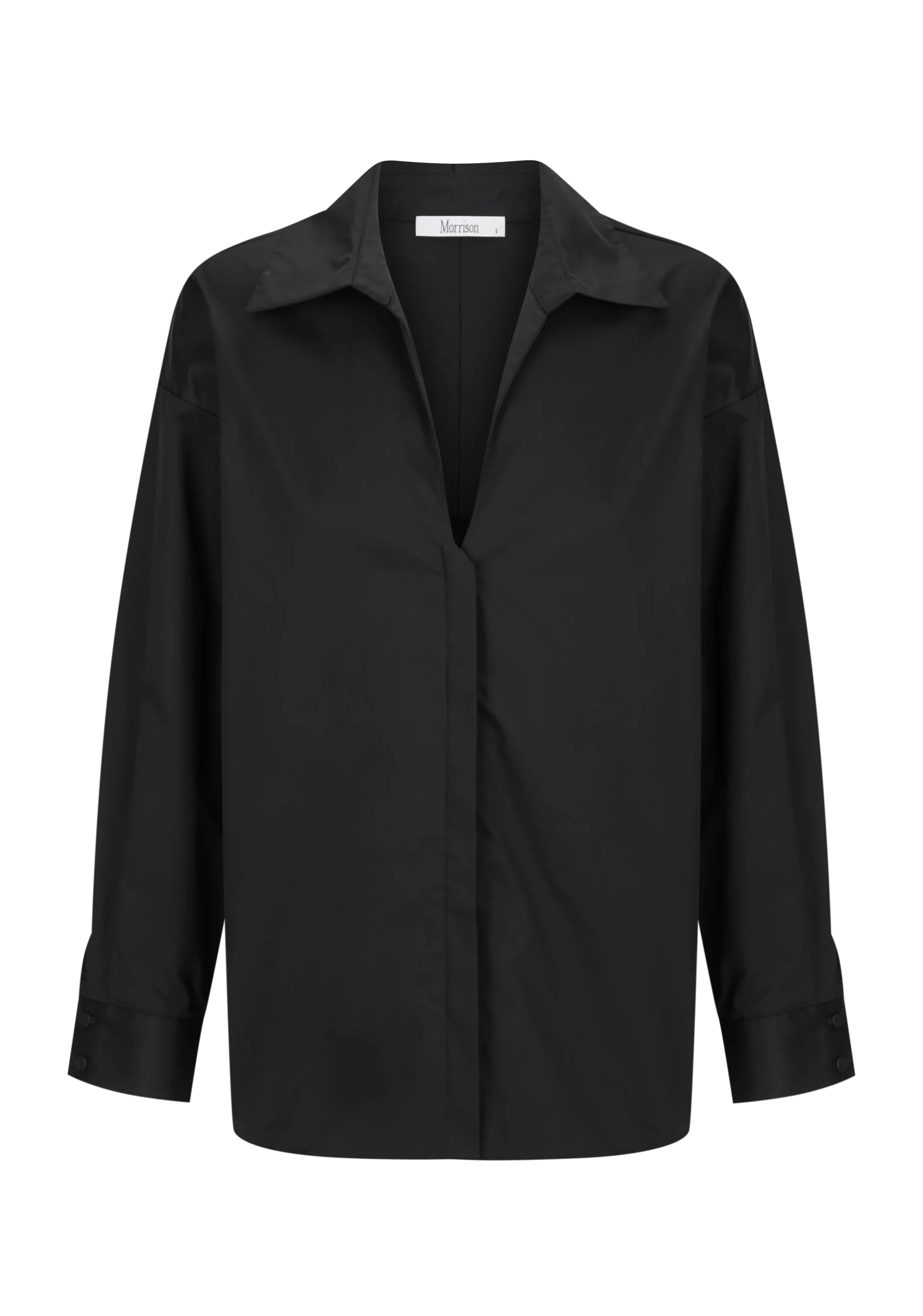 Black cotton sateen long sleeve shirt with v neck. 