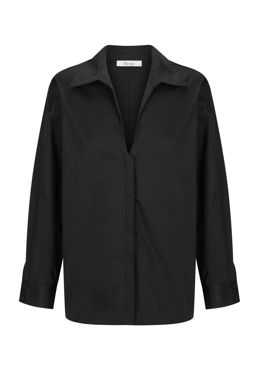 Black cotton sateen long sleeve shirt with v neck. 