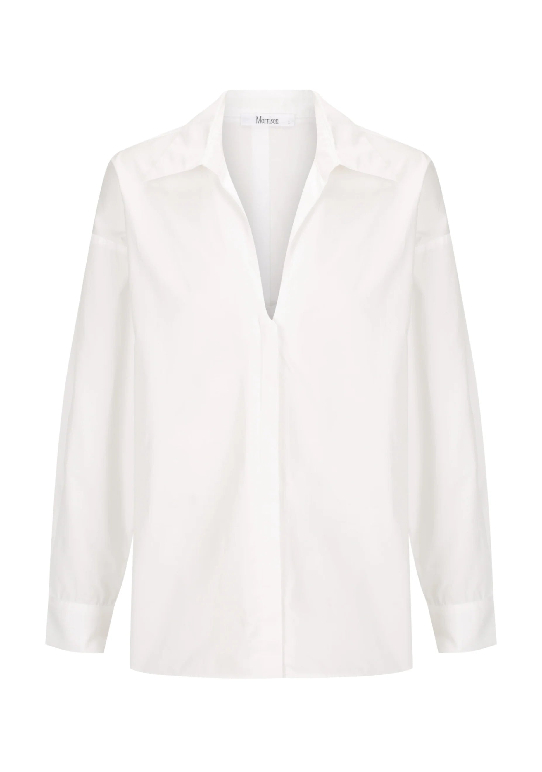 White cotton collared shirt with v neck and back yolk. 