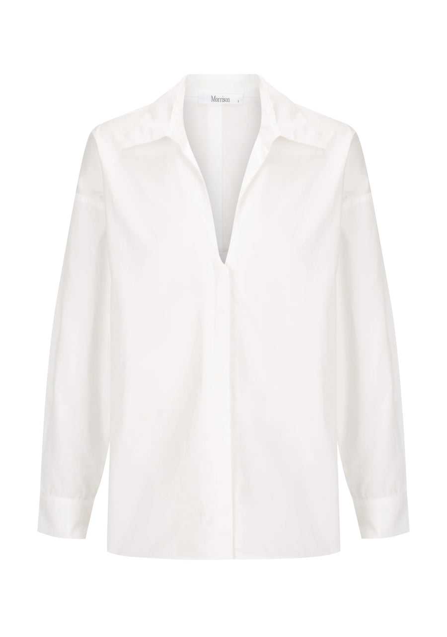 White cotton collared shirt with v neck and back yolk. 