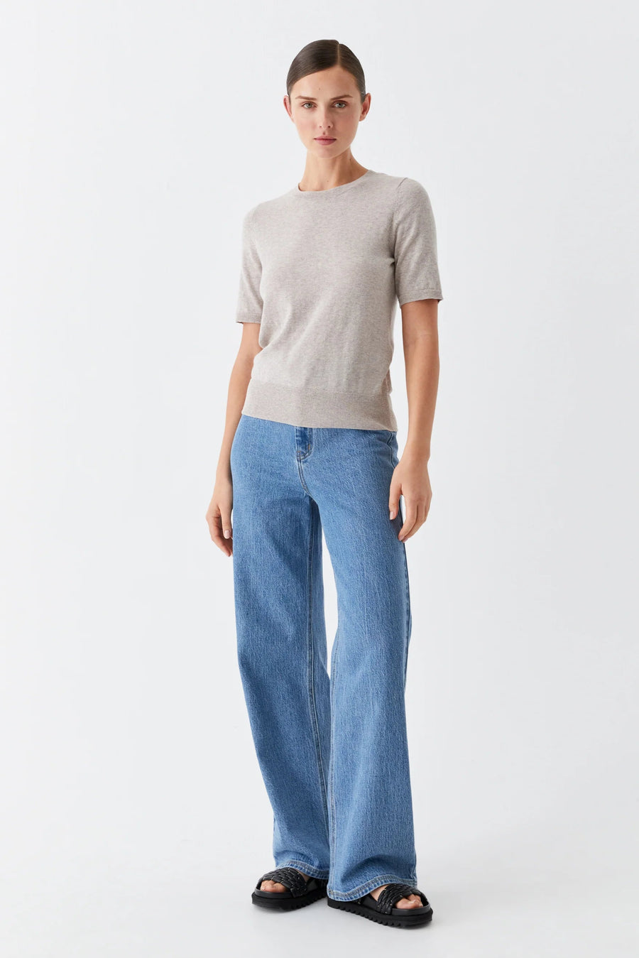 Round Neck Cashmere Cotton Short Sleeve Tee in Oatmeal. 