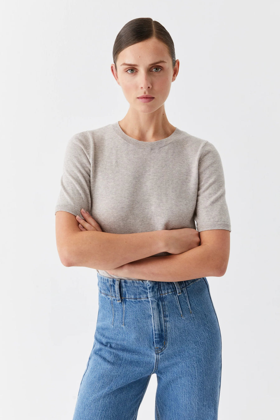 Round Neck Cashmere Cotton Short Sleeve Tee in Oatmeal. 