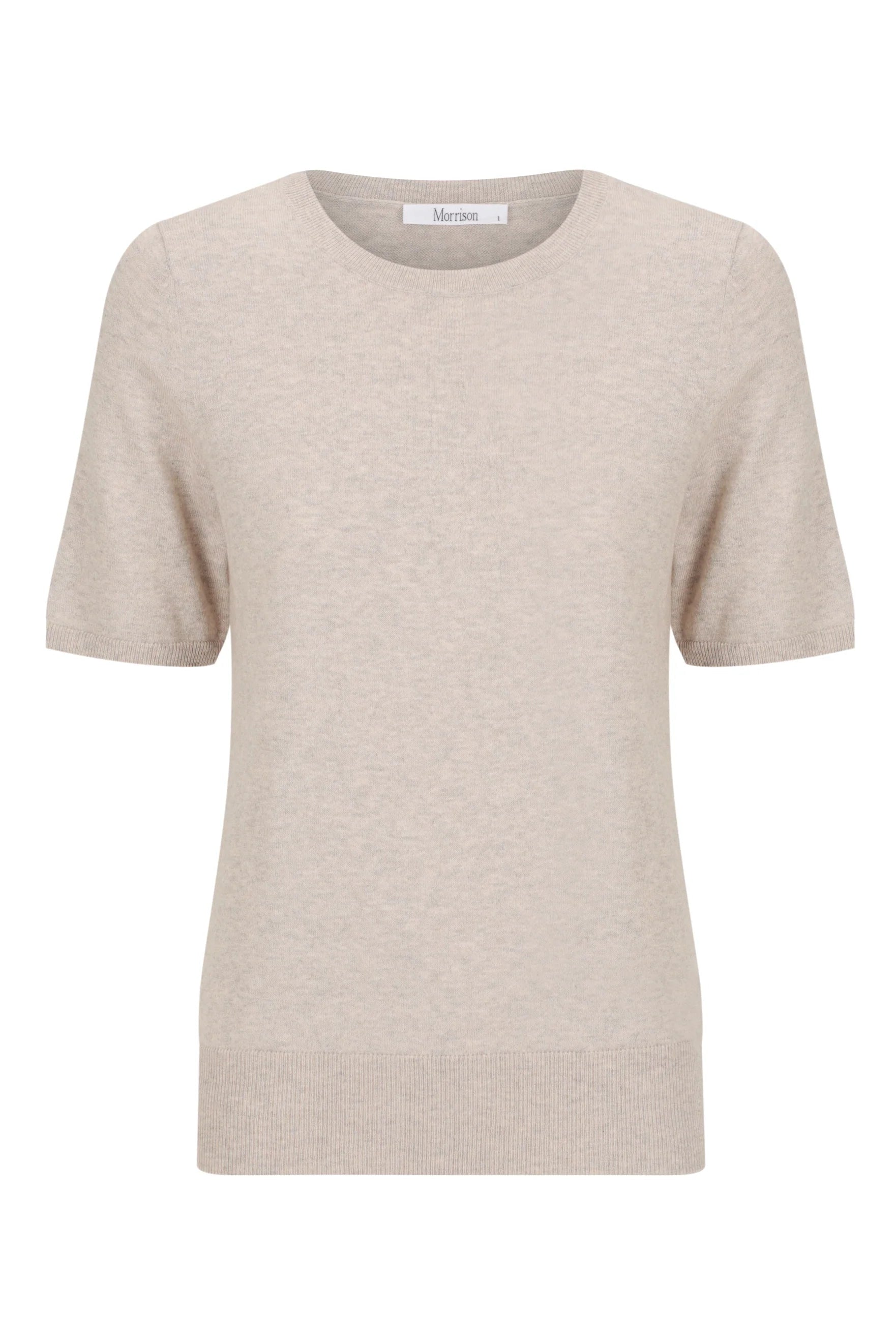 Round Neck Cashmere Cotton Short Sleeve Tee in Oatmeal. 