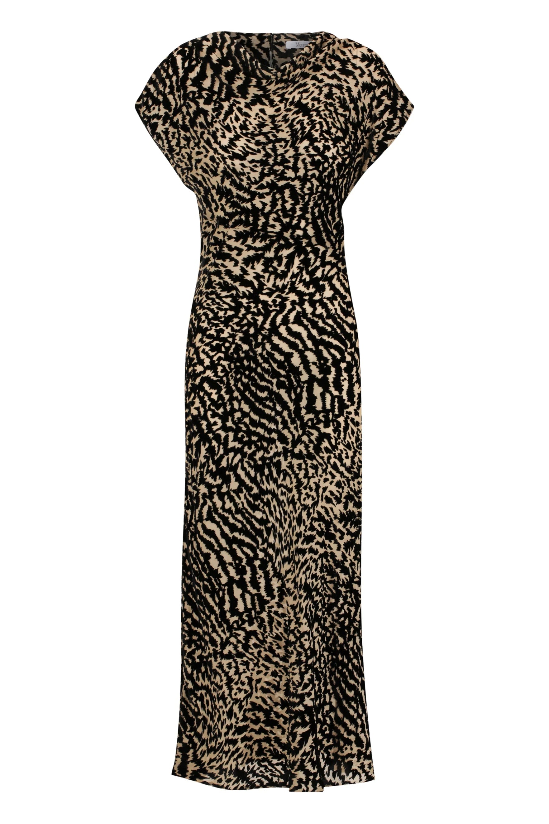 Bias cut dress with cowl neckline cap sleeve and black and tan print. 