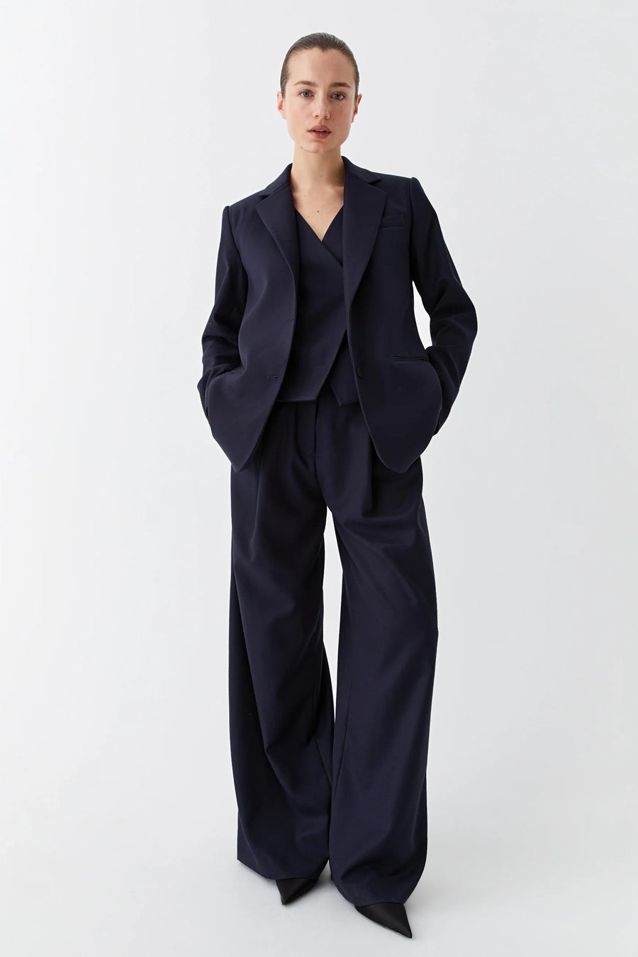 Wide leg full length trouser in Navy with front pleat.  