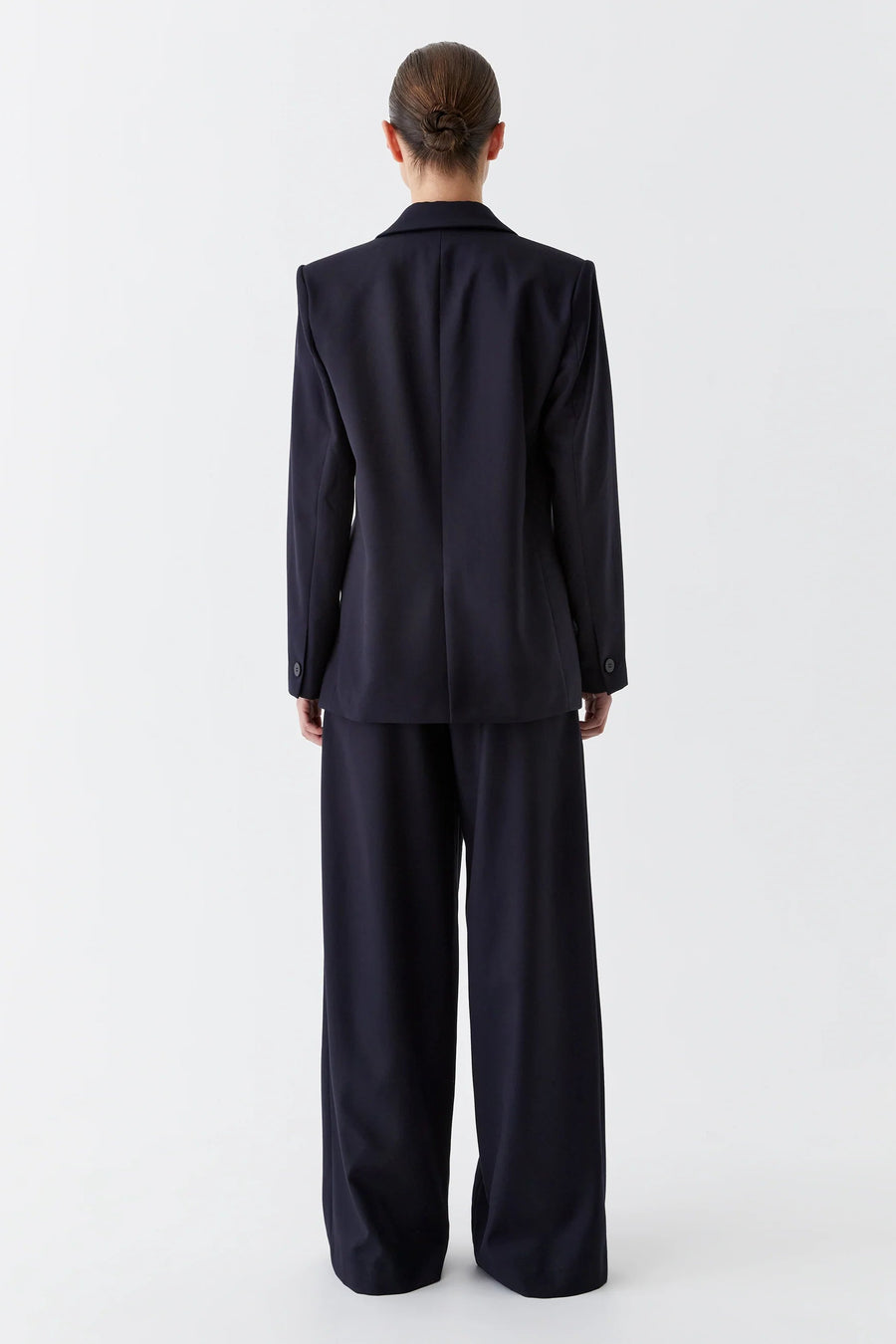 Wide leg full length trouser in Navy with front pleat.  