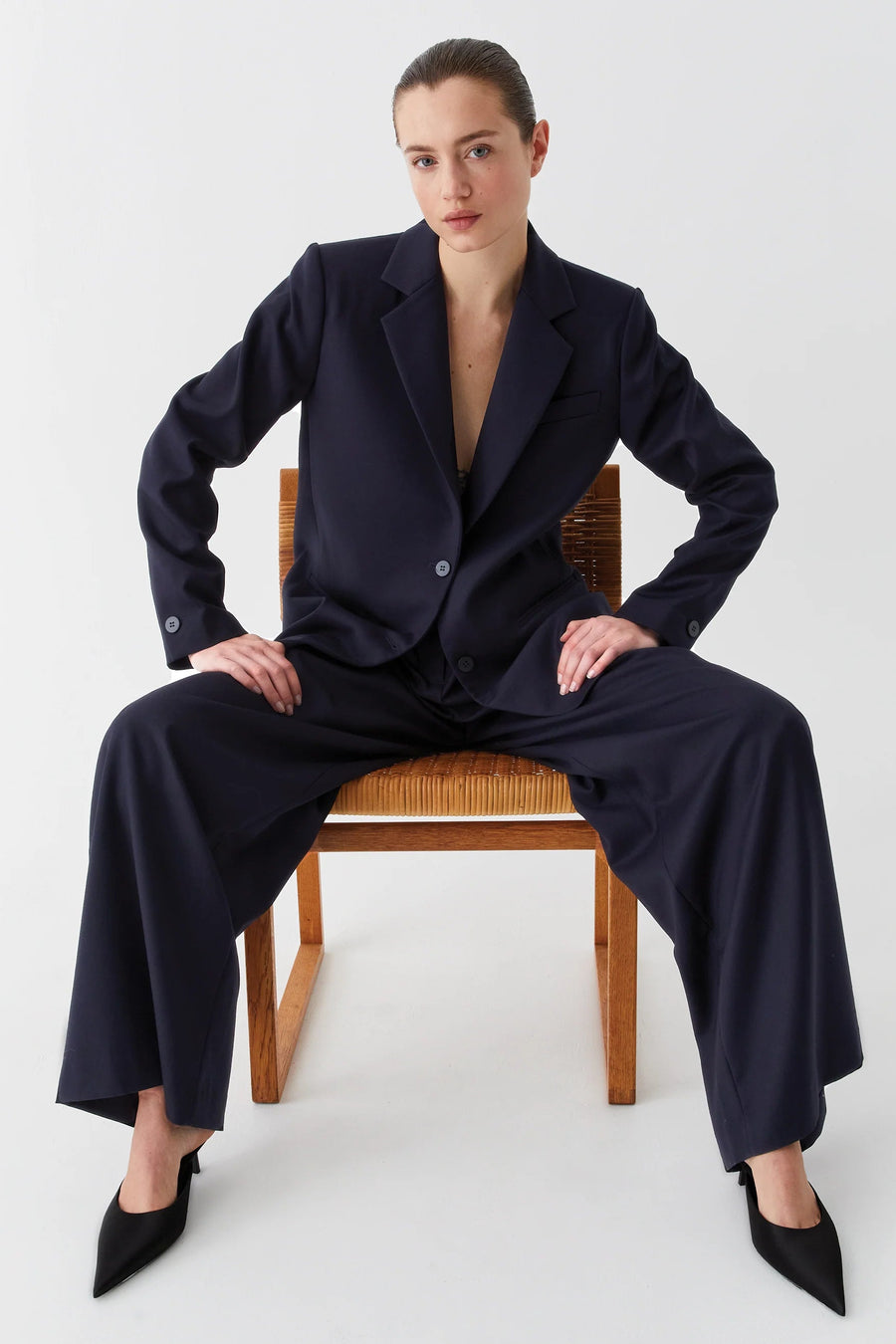 Wide leg full length trouser in Navy with front pleat.  