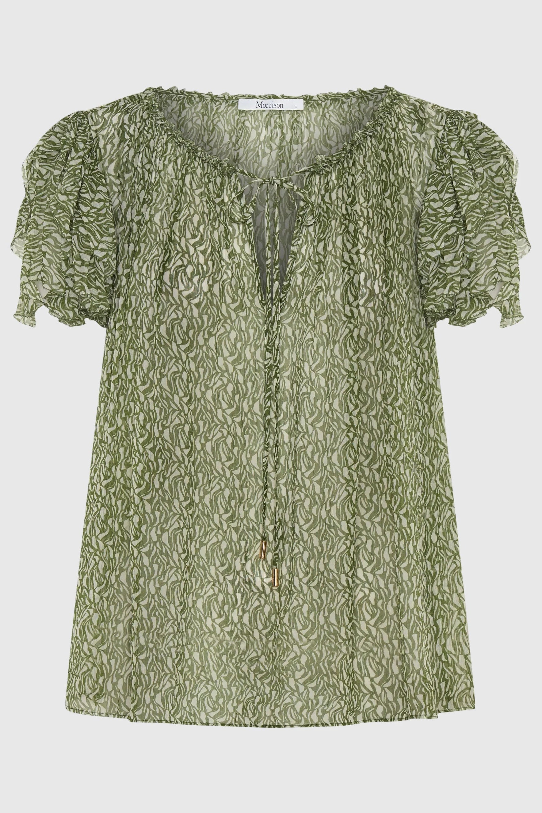 Green and white short sleeve blouse on a white background