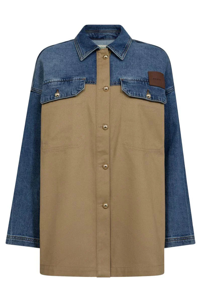 Two-tone shirt with denim sleeves and beige body on a white background