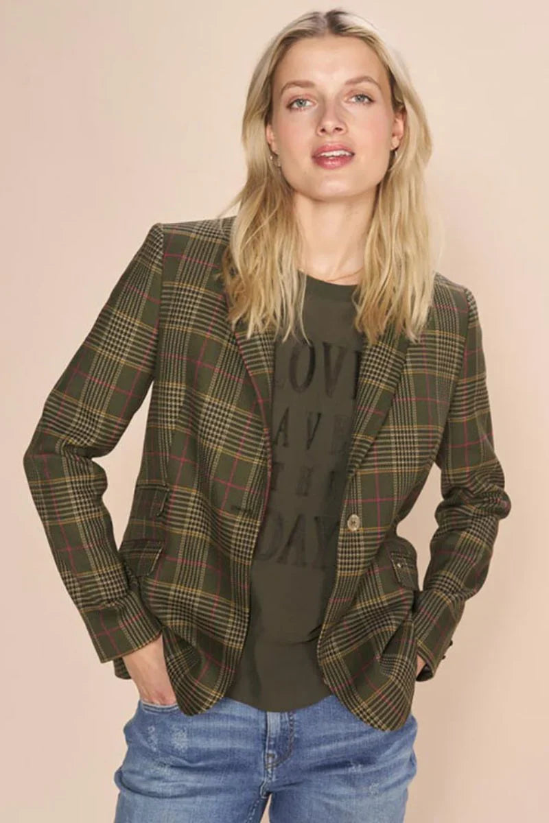 Forest check blazer with pink lining, pockets. 