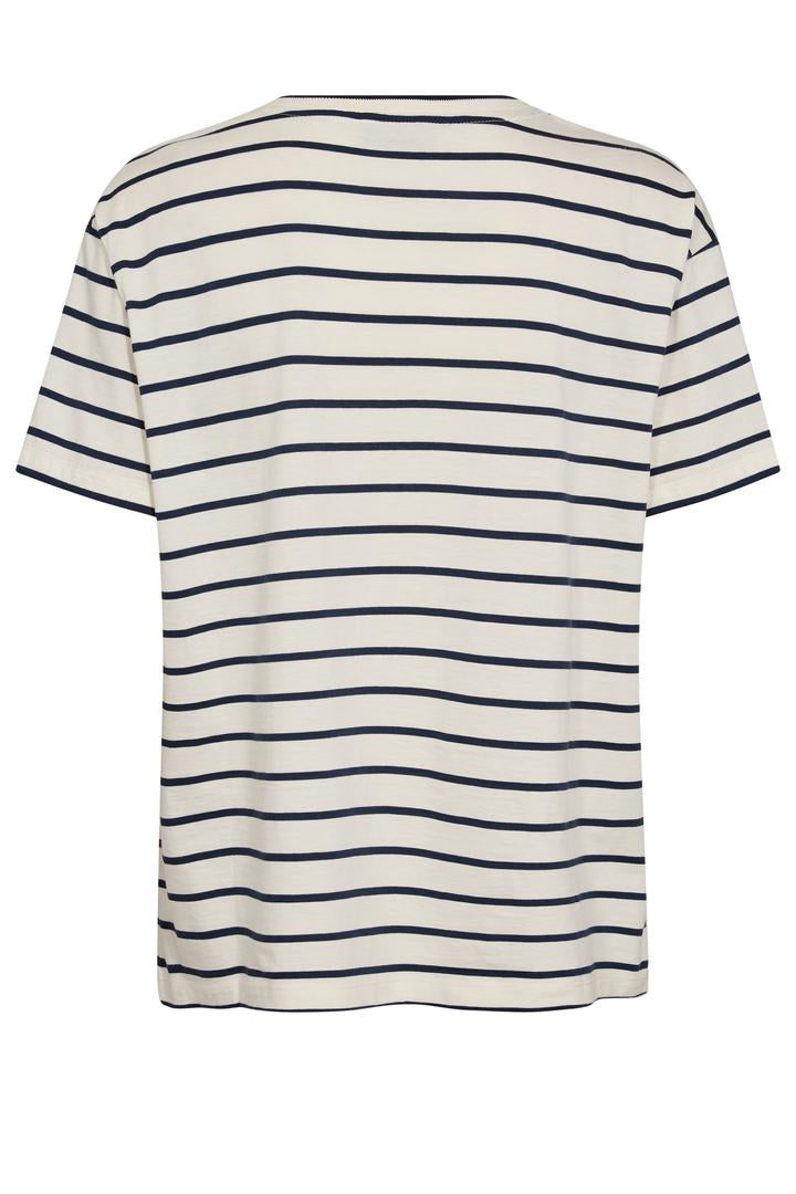 Striped t-shirt with black and white stripes on a white background
