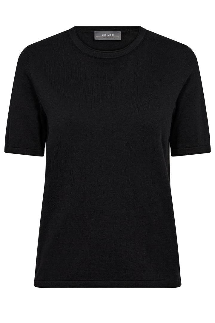 Black cotton cashmere short sleeve tee in black with round neck.  
