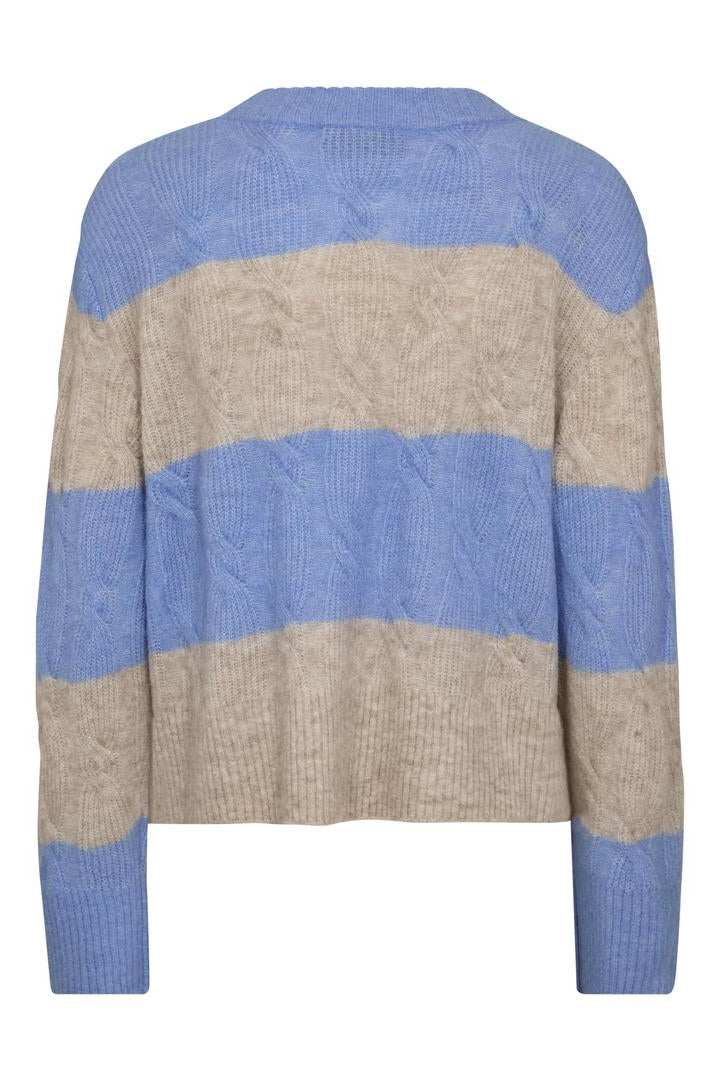 Blue and beige striped sweater on a white background