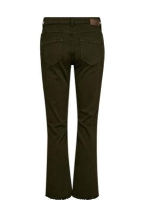 Dark forest green denim mid rise with undone hem. 