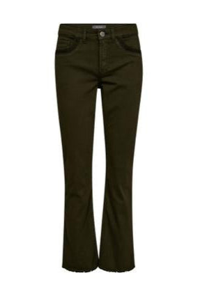 Dark forest green denim mid rise with undone hem. 