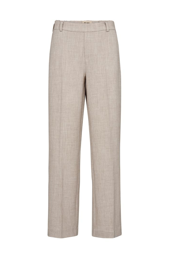 Beige straight leg pant with front pleats and elasticated waist on a white background. 