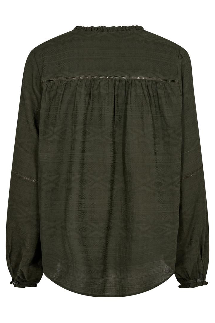 Black long sleeve blouse with smock detailing. 