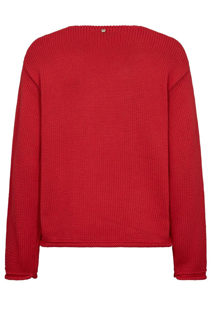 Chinese red v neck cotton sweater with long sleeves on a white background. 
