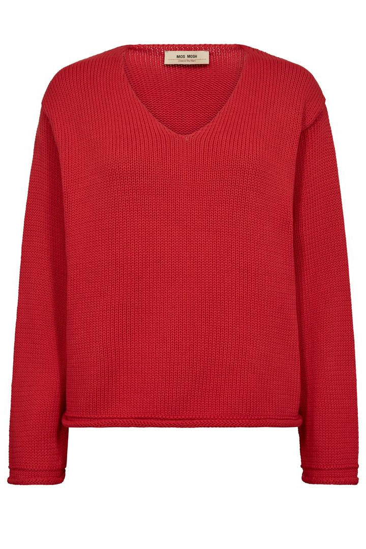 Chinese red v neck cotton sweater with long sleeves on a white background. 
