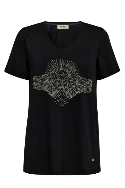 Black t-shirt with a graphic design on a white background