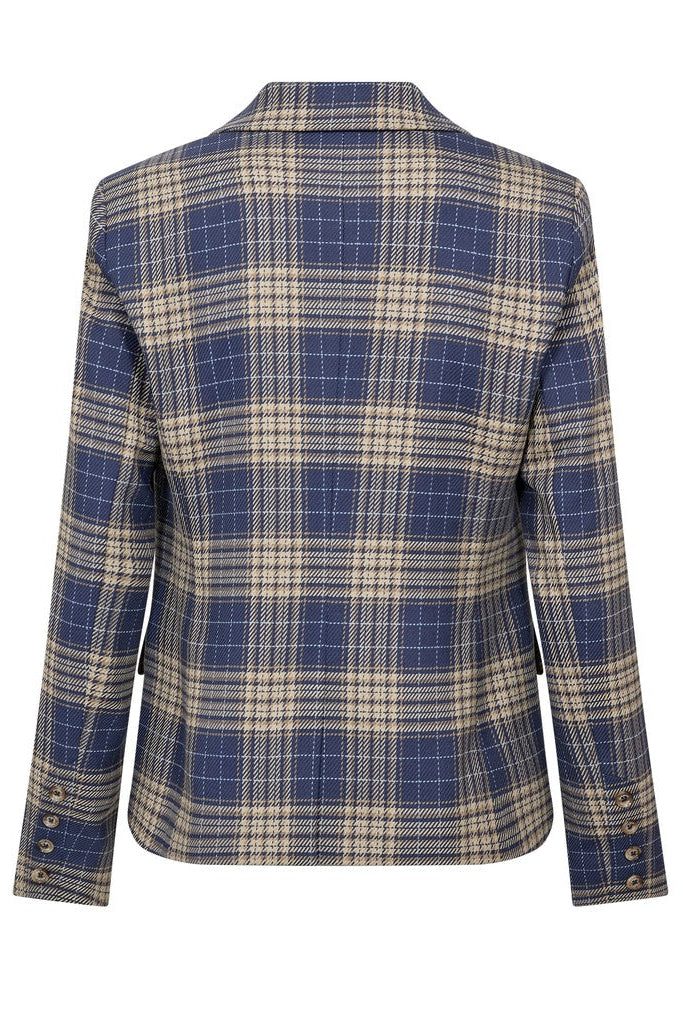 A blue and beige plaid blazer by Mos Mosh featuring a single button closure, notch lapels, and two front flap pockets, shown against a plain white background.