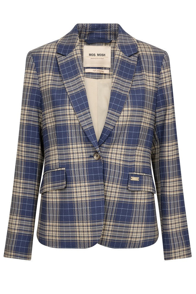 A blue and beige plaid blazer by Mos Mosh featuring a single button closure, notch lapels, and two front flap pockets, shown against a plain white background.