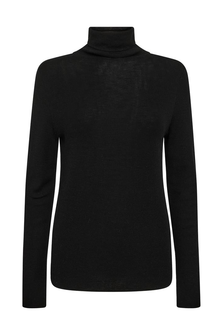 Black fine wool long sleeve knit with roll neck.  
