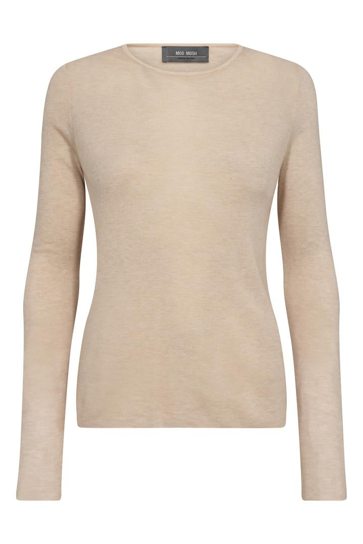 Cream long sleeve wool top with round neck. 