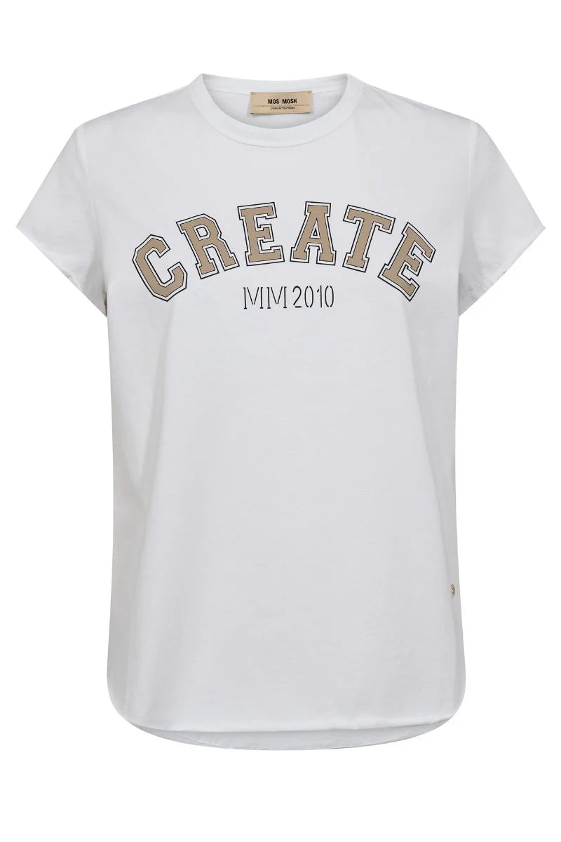 White t-shirt with 'CREATE MM 2010' text in beige on a white background